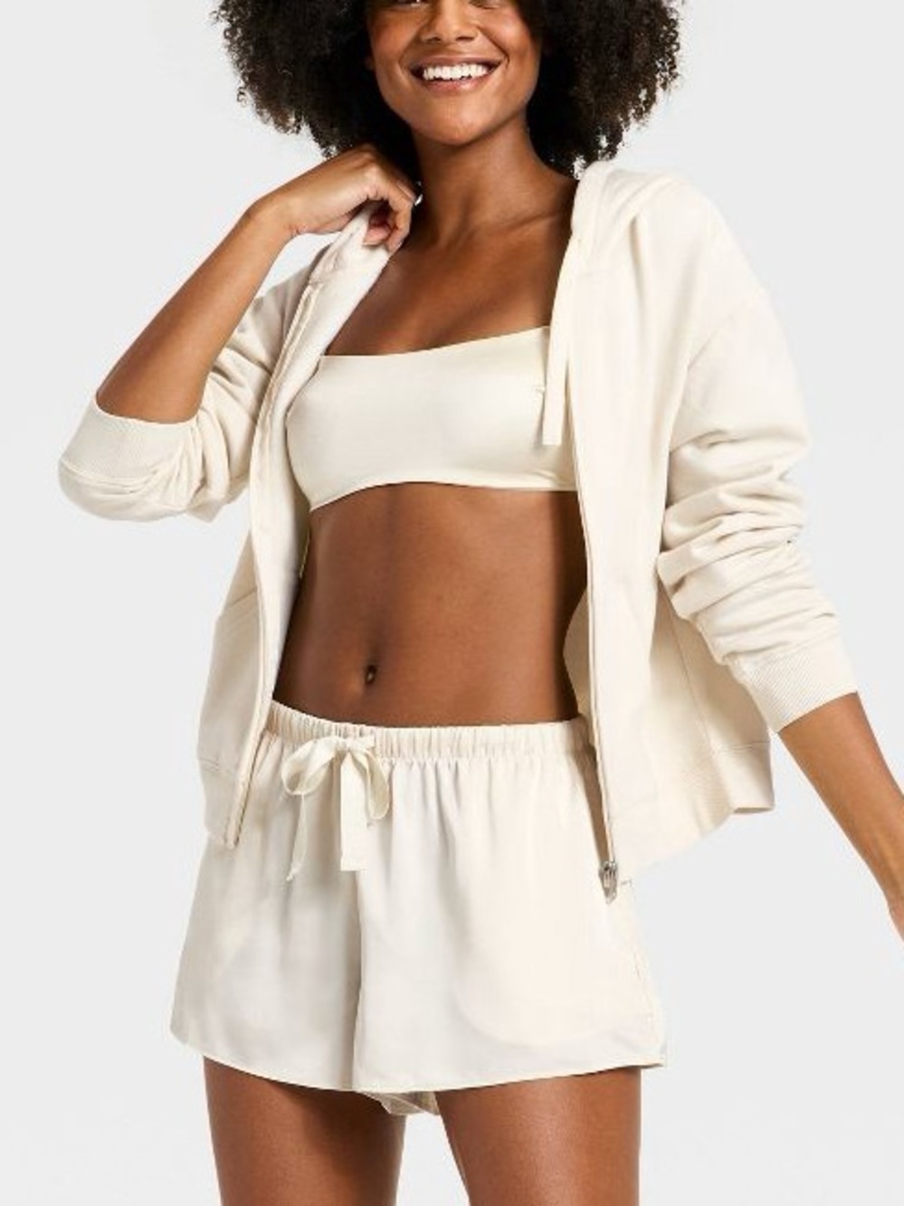 Cream Lounge Zip Hoodie, Bandeau & Drawstring Shorts Set